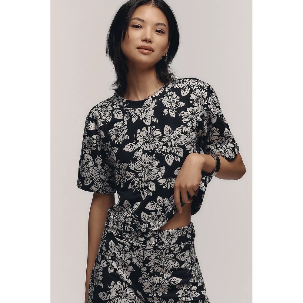 Maeve Anthropologie Black White Floral Jacquard Short Sleeve Top Small